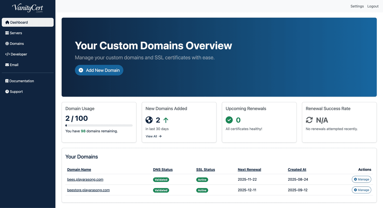 VanityCert Dashboard
